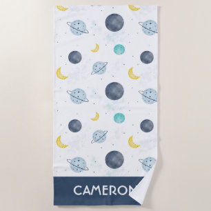 Serviette De Plage Aquarelle Blue Space Planet Motif
