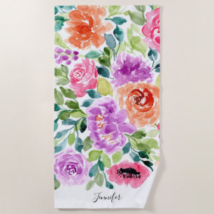 Serviette De Plage Aquarelle brillante peinte à la main Floral