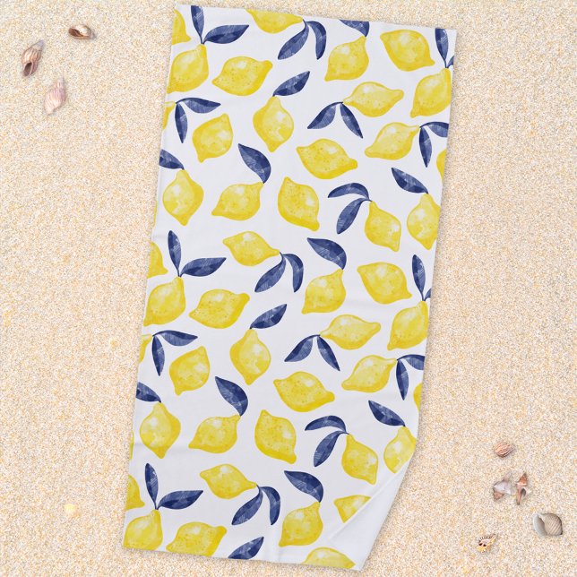 Serviette De Plage Aquarelle Citron méditerranéen (Mediterranean citrus lemon watercolor pattern beach towel)