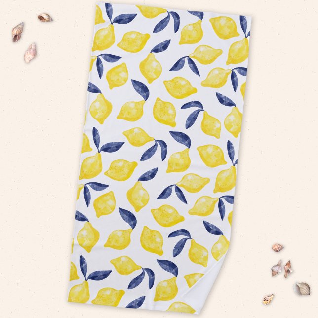 Serviette De Plage Aquarelle Citron Méditerranéen Citrus (Mediterranean citrus lemon watercolor pattern beach towel)