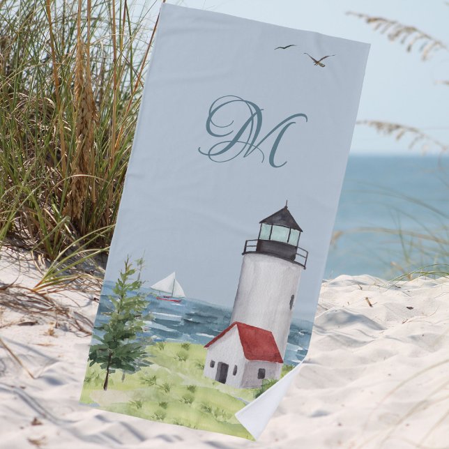 Serviette De Plage Aquarelle Coastère Beach Sand Lighthouse Monogramm (Créateur téléchargé)