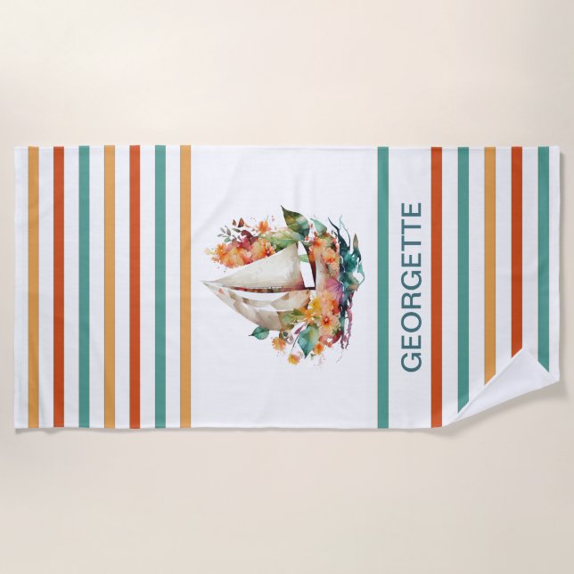 Serviette De Plage Aquarelle colorée Voilier Monogramme Plage Tow (Devant)