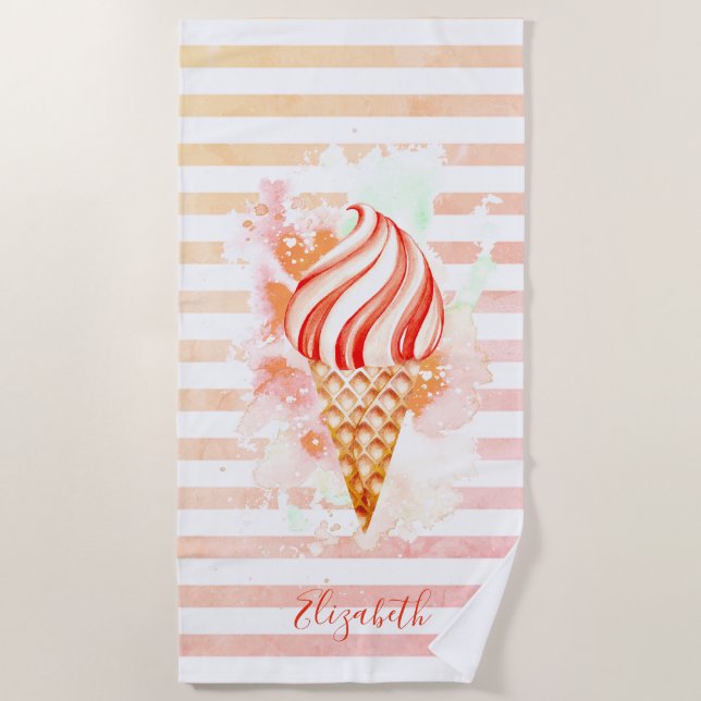 Serviette De Plage Aquarelle Cool Crème glacée Bandes roses (Devant)