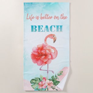 Serviette De Plage Aquarelle Cool Flamant rose rose Fleurs tropicales