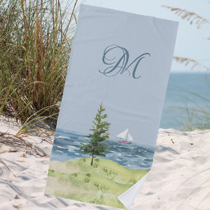 Serviette De Plage Aquarelle Côte Plage Sable Voilier Monogramme