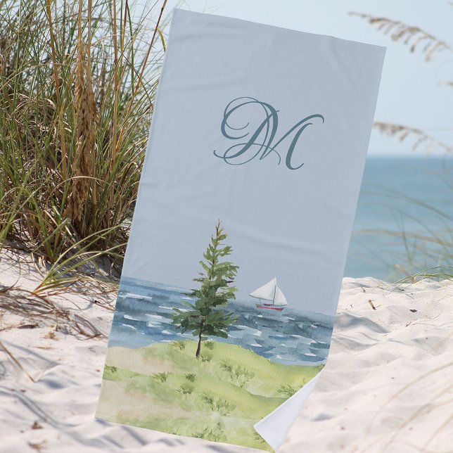 Serviette De Plage Aquarelle Côte Plage Sable Voilier Monogramme (Créateur téléchargé)