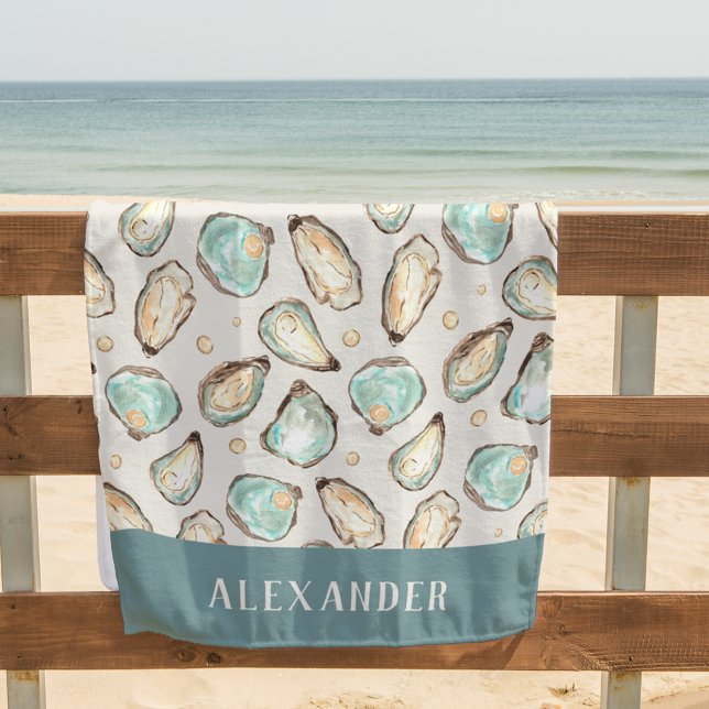Serviette De Plage Aquarelle côtière huître & perle Personnalisé (Créateur téléchargé)