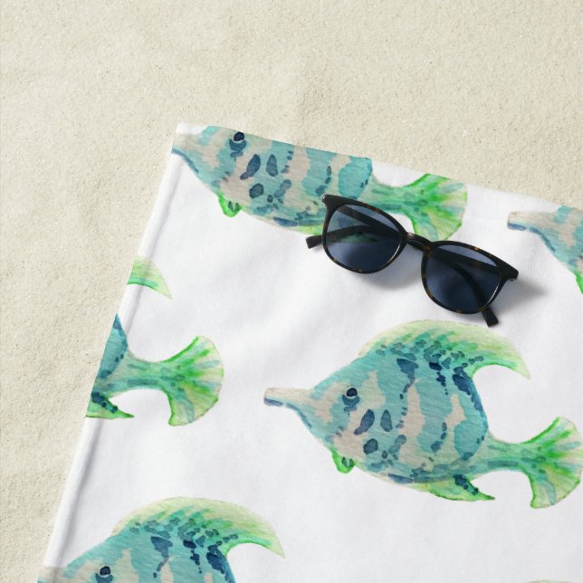 Serviette De Plage Aquarelle d'animal artistique Bleu Poisson tropica (En situation)