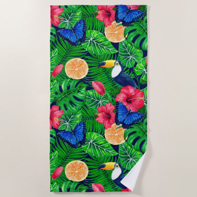 Serviette De Plage Aquarelle de jardin toucan et tropical (Devant)
