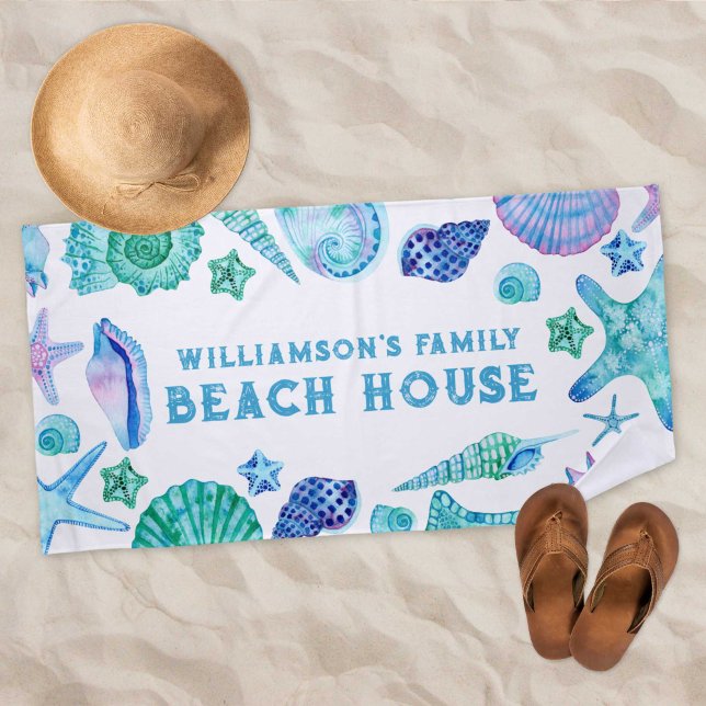 Serviette De Plage Aquarelle de la maison de plage de la famille Star (Shells and Starfish Family Beach House Watercolor Beach Towel)