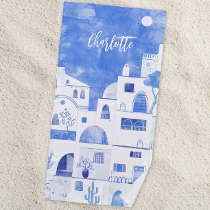 Serviette De Plage Aquarelle de l'île grecque Santorin Oia Personnali
