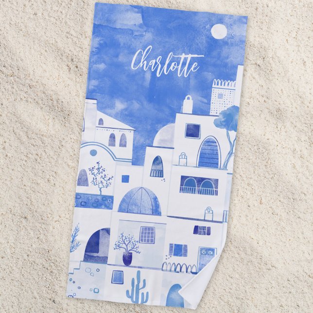 Serviette De Plage Aquarelle de l'île grecque Santorin Oia Personnali (Oia Santorini blue and white watercolor Greek island personalized name beach towel)