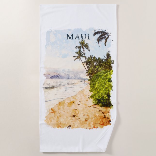 Serviette De Plage Aquarelle de Maui Hawaii Voyage d'illustration (Devant)