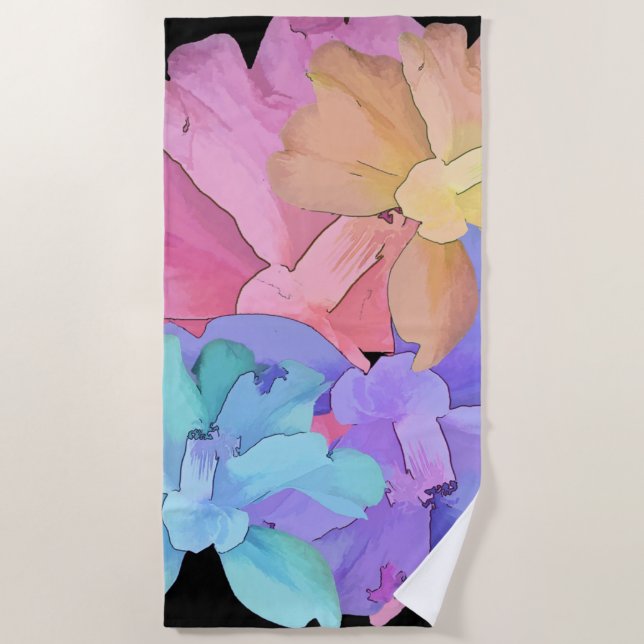 Serviette De Plage Aquarelle de Monogram Pastel Camellias en noir (Devant)
