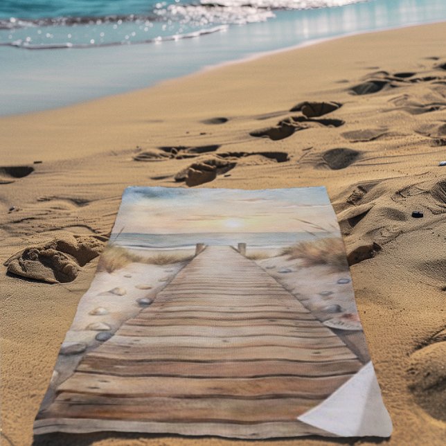 Serviette De Plage Aquarelle de Sunset Beach Boardwalk (Créateur téléchargé)