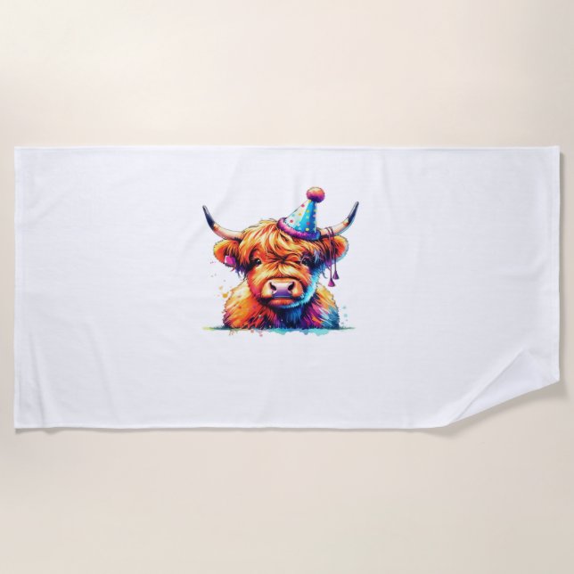 Serviette De Plage Aquarelle écossaise Highland Cow Anniversaire Esse (Devant)