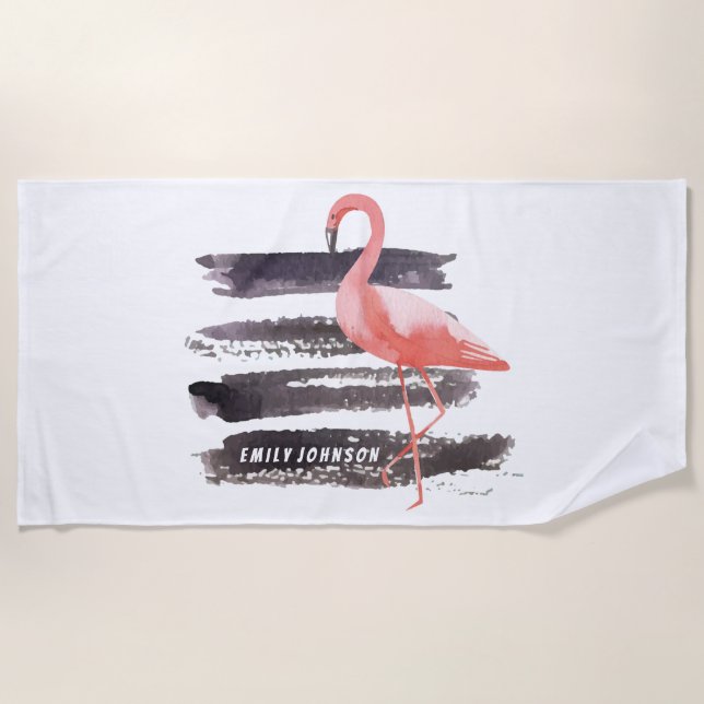 Serviette De Plage Aquarelle Flamant rose rose ligne pointes (Devant)