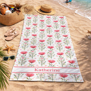 Serviette De Plage Aquarelle Fleur de Pavot Rose Corail