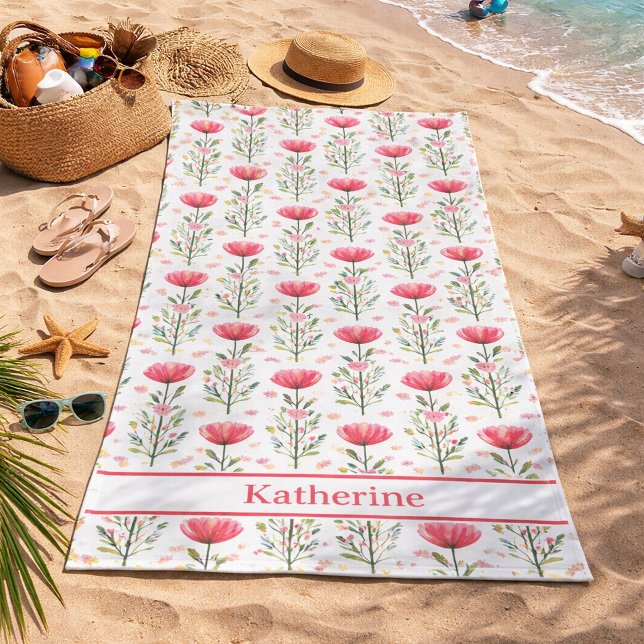 Serviette De Plage Aquarelle Fleur de Pavot Rose Corail (Créateur téléchargé)