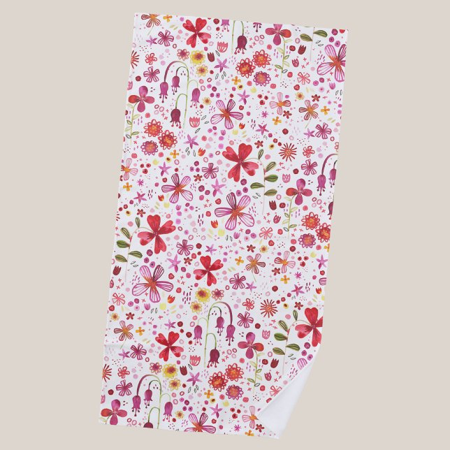 Serviette De Plage Aquarelle Fleur Sauvage (Modern watercolor floral pink and white art beach towel)