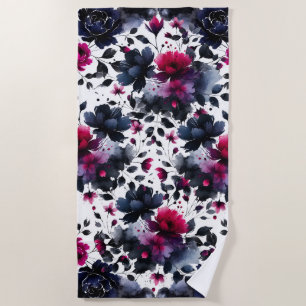 Serviette De Plage Aquarelle florale à l'encre magenta rose et bleu