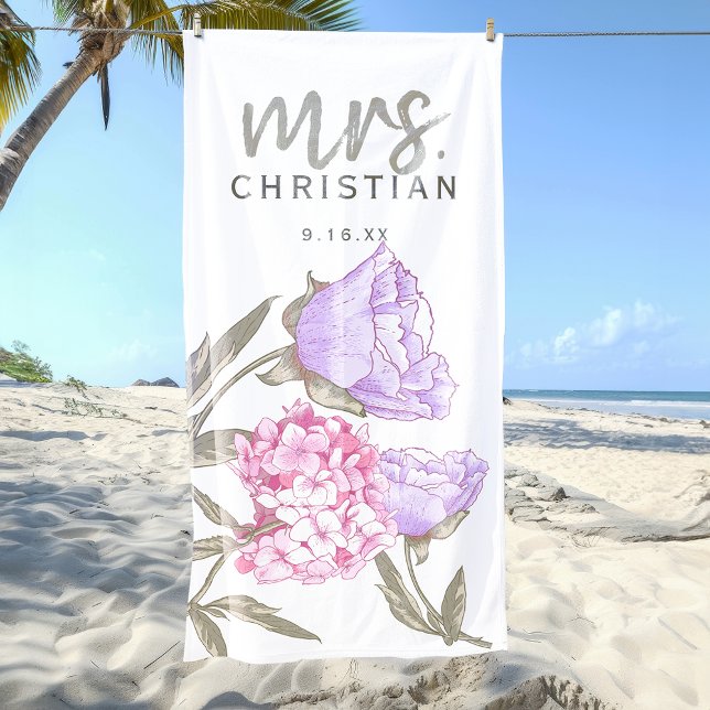 Serviette De Plage Aquarelle Florale Mme Date (Watercolor Floral Mrs Date Beach Towel)