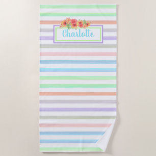 Serviette De Plage Aquarelle Florale Personnalisée Sur Bandes Motif