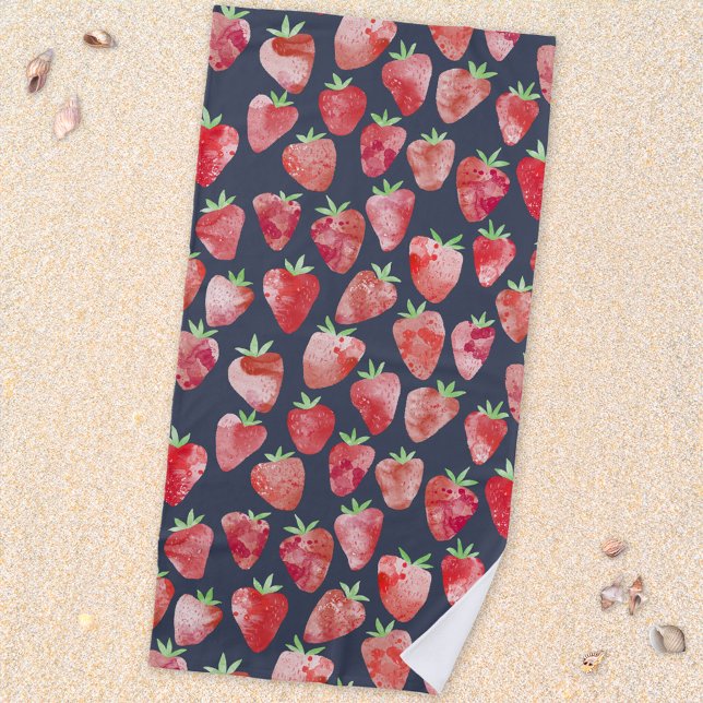 Serviette De Plage Aquarelle fraise Fruit foncé (Fresh Strawberry fruit watercolor pattern dark beach towel)
