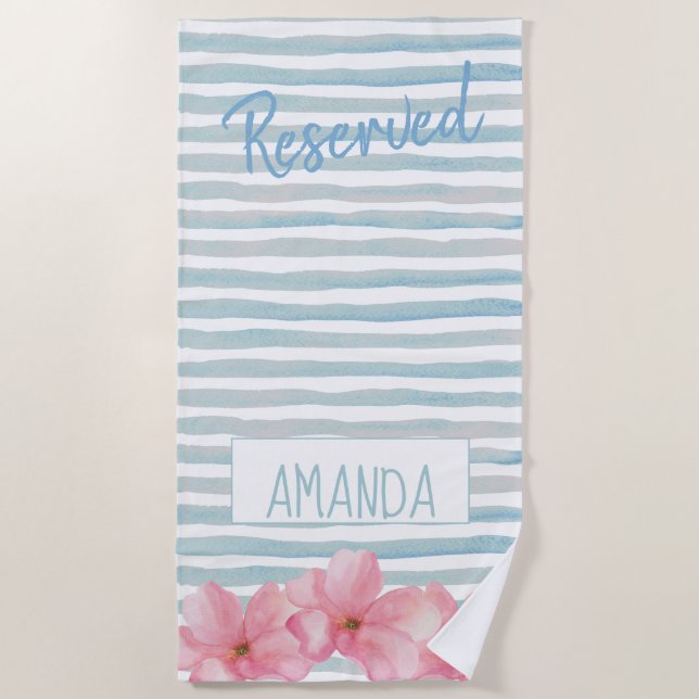 Serviette De Plage Aquarelle gris Réservée Bande rose Nom floral (Devant)