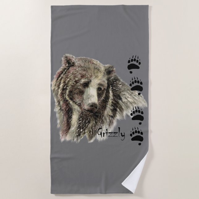 Serviette De Plage Aquarelle Grizzly Ours avec traces Nature animale (Devant)