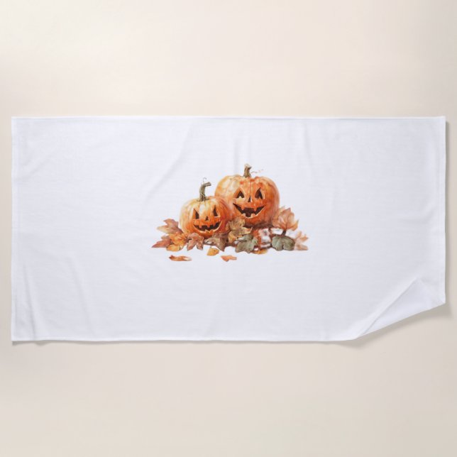 Serviette De Plage Aquarelle Halloween Citrouilles avec feuilles d'au (Devant)