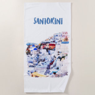 Serviette De Plage Aquarelle illustrée de Santorin Grèce
