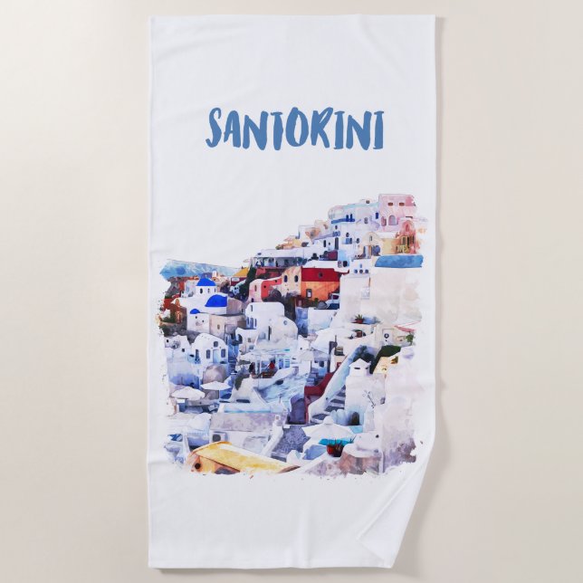 Serviette De Plage Aquarelle illustrée de Santorin Grèce (Devant)