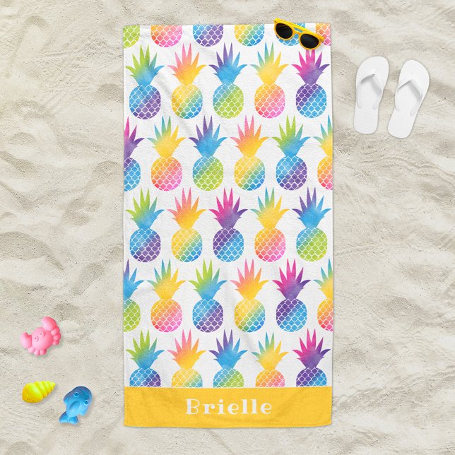 Serviette De Plage Aquarelle jaune ananas tropicale Nom personnalisé (Créateur téléchargé)