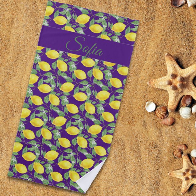 Serviette De Plage Aquarelle jaune citron rustique motif violet (Créateur téléchargé)