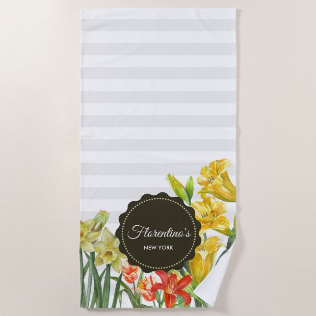 Serviette De Plage Aquarelle Jaune Orange Fleurs de printemps (Devant)