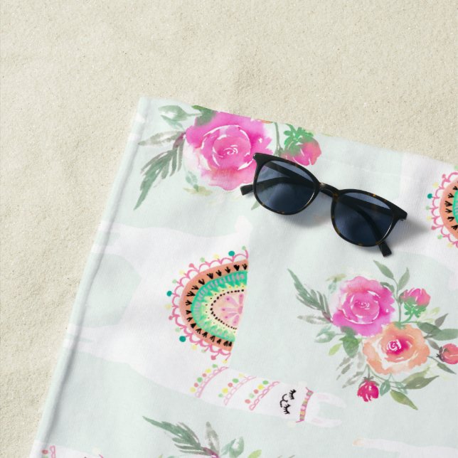 Serviette De Plage Aquarelle Llama est à la menthe (En situation)