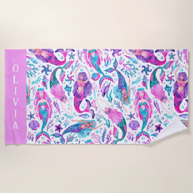 Serviette De Plage Aquarelle Mermaids Coques de mer + Starfish (Devant)