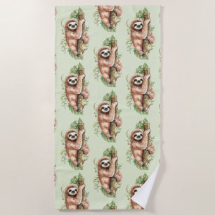 Serviette De Plage Aquarelle mignonne Sloth & Feuilles tropicaux