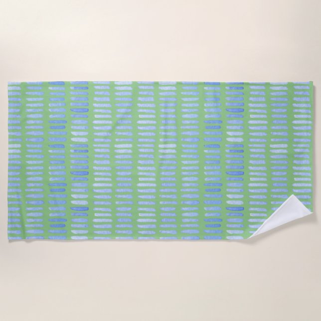 Serviette De Plage Aquarelle moderne Bleu stries sur vert (Devant)