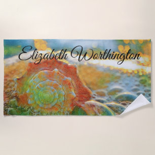 Serviette De Plage Aquarelle moderne orange et coquillage vert