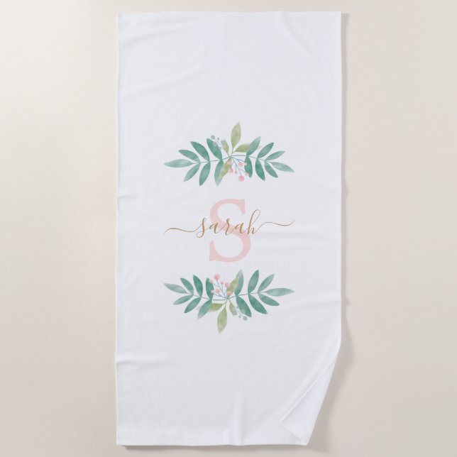 Serviette De Plage Aquarelle Monogramme floral (Devant)