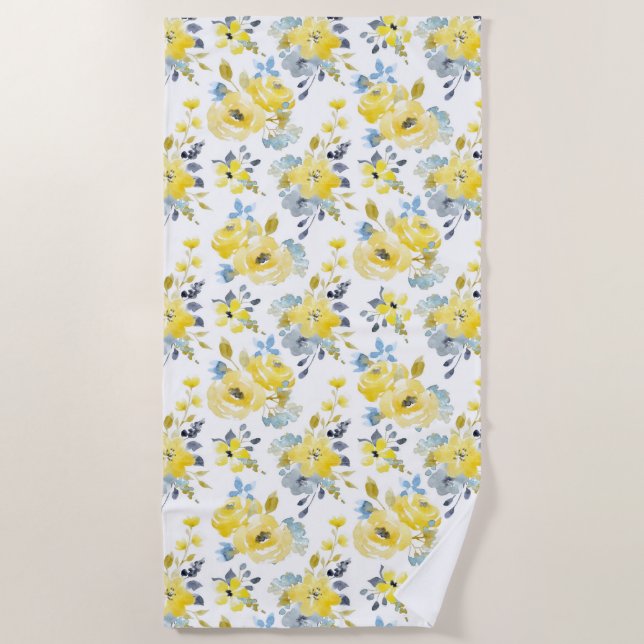 Serviette De Plage Aquarelle Motif Floral Jaune (Devant)
