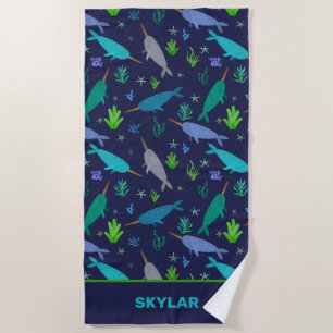 Serviette De Plage Aquarelle Narwhals Sous Les Enfants D'Or De La Mer