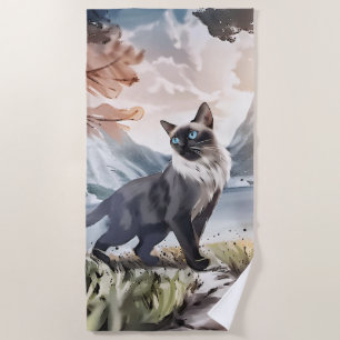 Serviette De Plage Aquarelle Noir et Blanc Fluffin Chat dans la natur