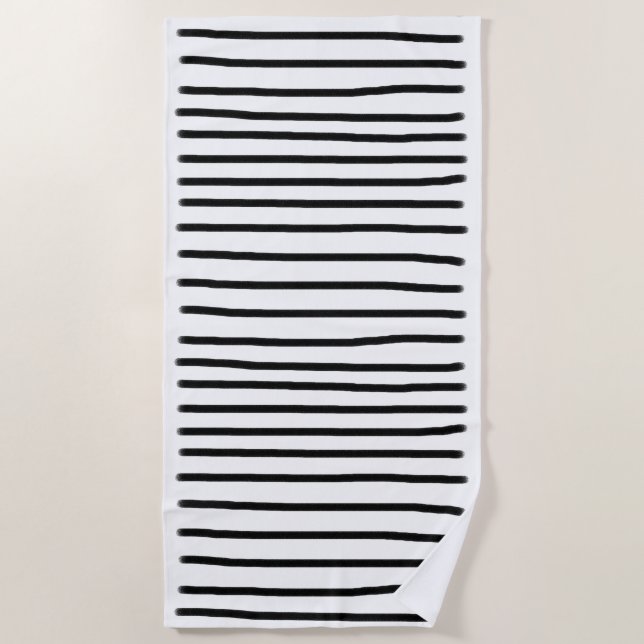 Serviette De Plage Aquarelle noir et blanc Lignes tracées à la main (Devant)