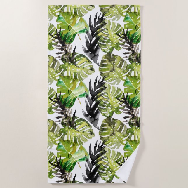 Serviette De Plage Aquarelle Noir Vert Tropical Feuille Motif (Devant)