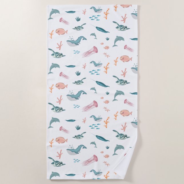 Serviette De Plage Aquarelle Océan Motif d'animaux marins (Devant)