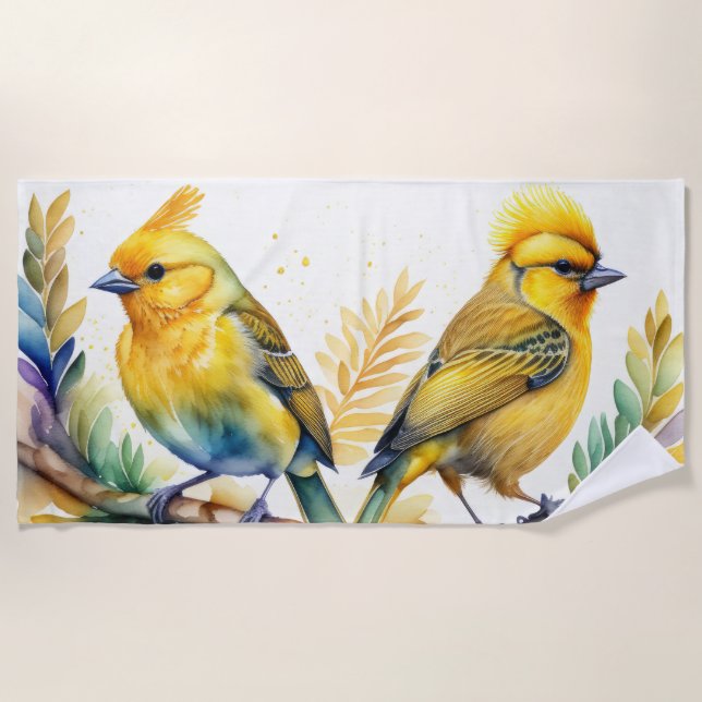 Serviette De Plage Aquarelle Oiseaux jaunes (Devant)