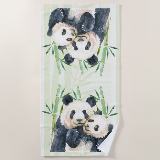 Serviette De Plage Aquarelle Panda Ours Maman & Bébé en Bambou (Devant)